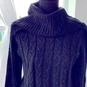 Black Cable-knit Cowled Turtleneck Flowy Tunic Sweater — Size Med Petite!